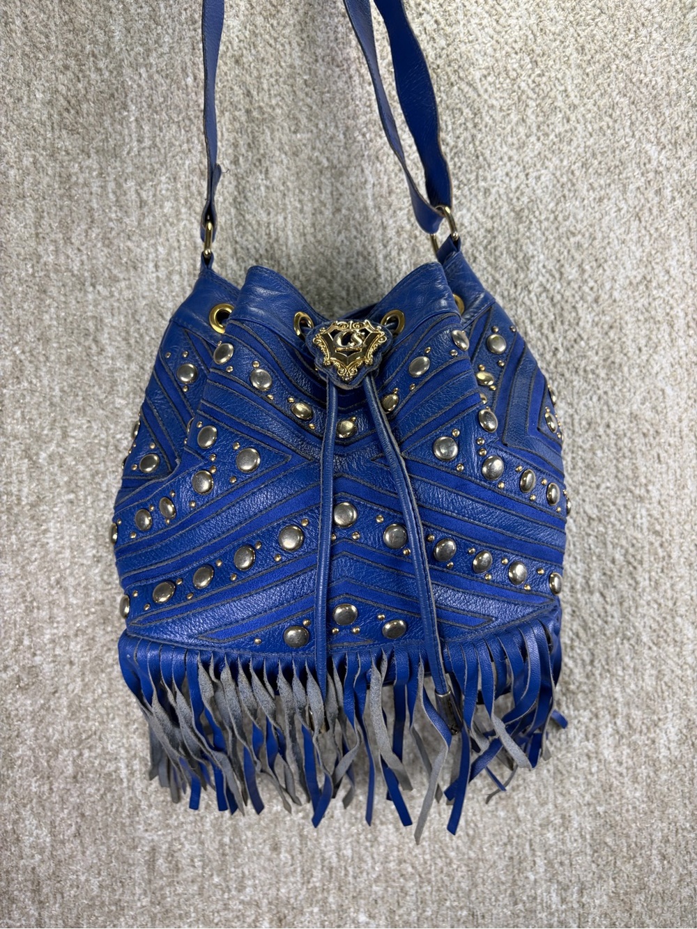 Authentic Carmen Steffens Electric Blue Studded & Fringed Leather Bucket Bag